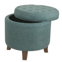 Homepop By Kinfine Fabric Upholstered Round Storage Ottoman - Button Tufted Ottoman With Removable Lid, Dark Teal Woven