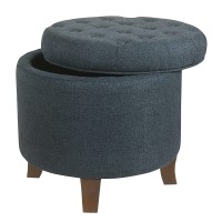 Homepop By Kinfine Fabric Upholstered Round Storage Ottoman - Velvet Button Tufted Ottoman With Removable Lid, Indigo Blue Woven