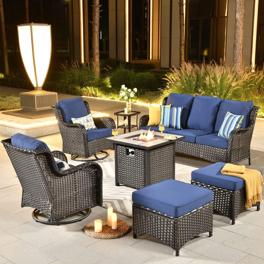 Xizzi Patio Furniture Sets Outdoor Swivel Rocking Chairs With 50,000 Btu Propane Fire Pit Table 7 Pieces All Weather Pe Wicker Conversation Sofa And Matching Side Table,Brown Wicker Navy Blue