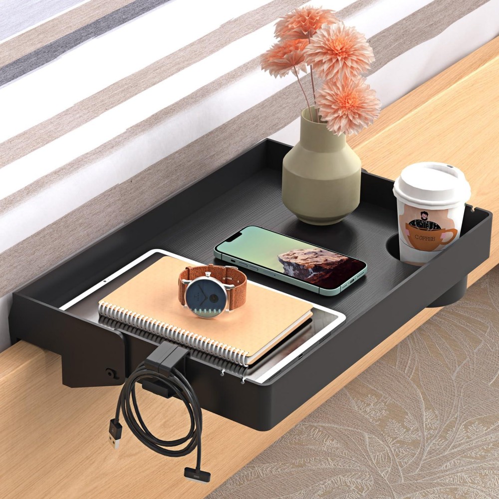 Spacelead Bedside Shelf For Bed College Dorm Room Clip On Nightstand With Cup Holder Cord Holder Tray Table Caddy For Stude