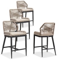 Purple Leaf Counter Height Bar Stools Set Of 4 Rattan Chair Boho Wicker Metal Counter Stools With Back And Footrest Patio Seatin