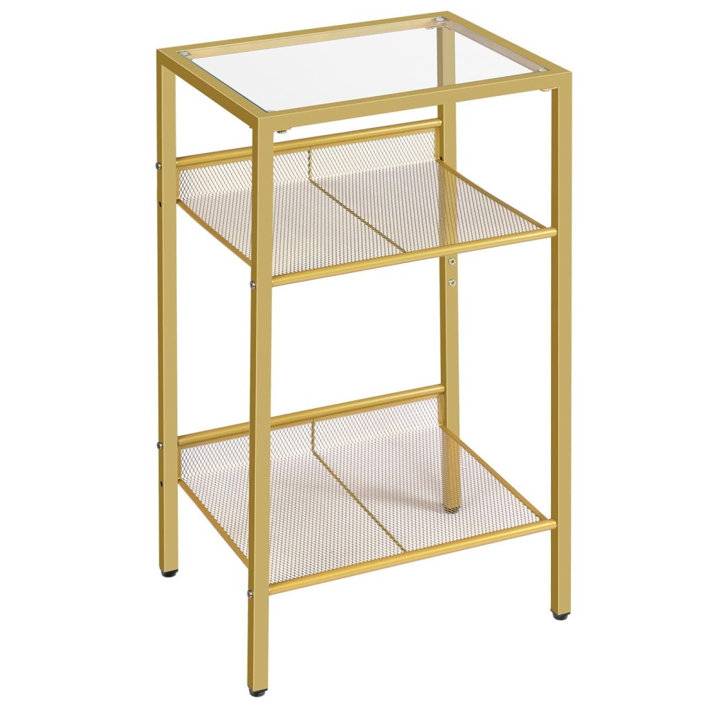 Hoobro Tall End Table, Gold Side Table With Mesh Shelves, 3-Tier High Sofa Side Table With Tempered Glass Top, Telephone Table, Bedside Table For Living Room, Bedroom, Gold Gd04Dh01