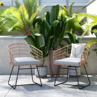 Devon Set of 2 IndoorOutdoor Patio Boho Club Chairs Rope with Natural PE Wicker Rattan Light Gray Cushions and Sled Base