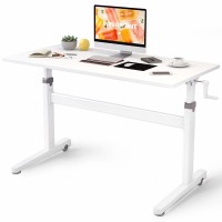 Win Up Time Manual Standing Desk Adjustable Height- Crank Mobile Standing Desk 48 X 24 Inches Sit Stand Desk Frame & Top, Stand Up Desk On Wheels, Computer Desk White Frame & White