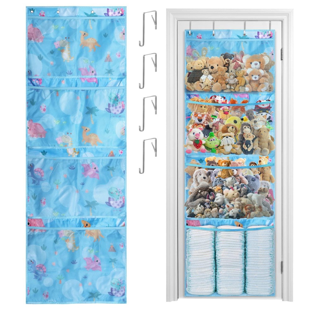 Stuffed Animal Storage,Over The Door Organizer Storage For Storage Plush Toys,Baby Supplies And Other Soft Sundries,Hanging Large Capacity Toy Storage Pockets For Kids Room Bathroom(Blue Dinosaur)