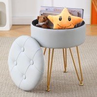 Cpintltr Modern Faux Leather Foot Rest Stool Upholstered Round Storage Ottomans Multipurpose Dressing Stools Luxury Home Decor Ottoman Coffee Table Top Cover Footstool For Couch Entryway Grey