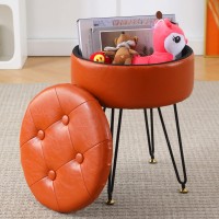 Cpintltr Foot Stool Oil Wax Faux Leather Storage Ottoman With Removable Lid Round Sofa Stools Foot Rest With Padded Seat Modern Style Makeup Stool Suitable For Lounge Dorm Room Whisky Brown