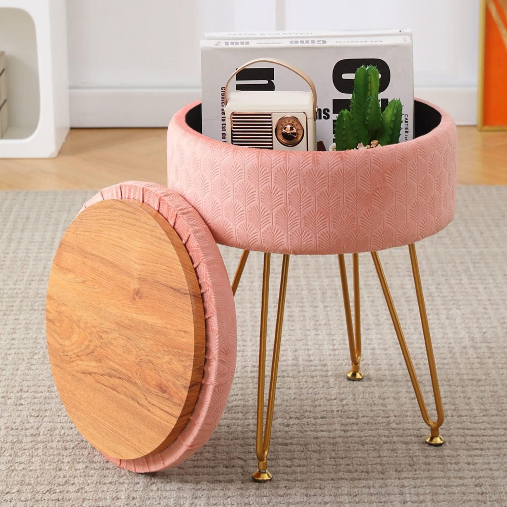 Cpintltr Foot Stool Velvet Storage Ottoman With Removable Lid Round Sofa Stools Foot Rest With Padded Seat Modern Style Makeup Stool Decorative Furniture Suitable For Lounge Dorm Room Blush