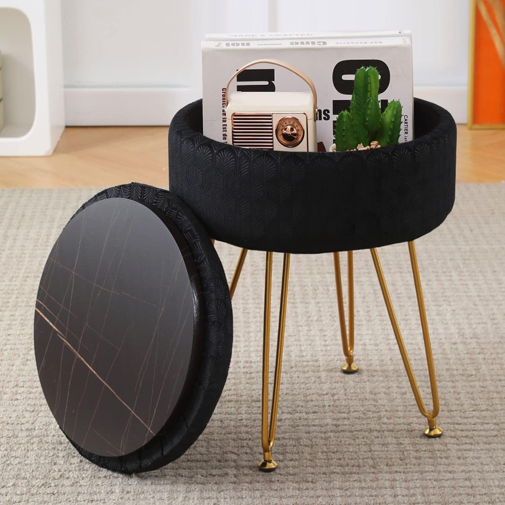 Cpintltr Modern Velvet Foot Rest Stool Upholstered Round Storage Ottomans Multipurpose Dressing Stools Luxury Home Decor Ottoman Coffee Table Top Cover Footstool With Metal Legs For Couch Black