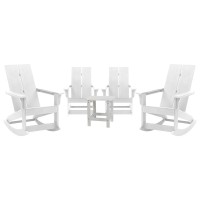 Set of 4 White Finn Modern AllWeather 2Slat Poly Resin Rocking Adirondack Chairs with Matching Side Table