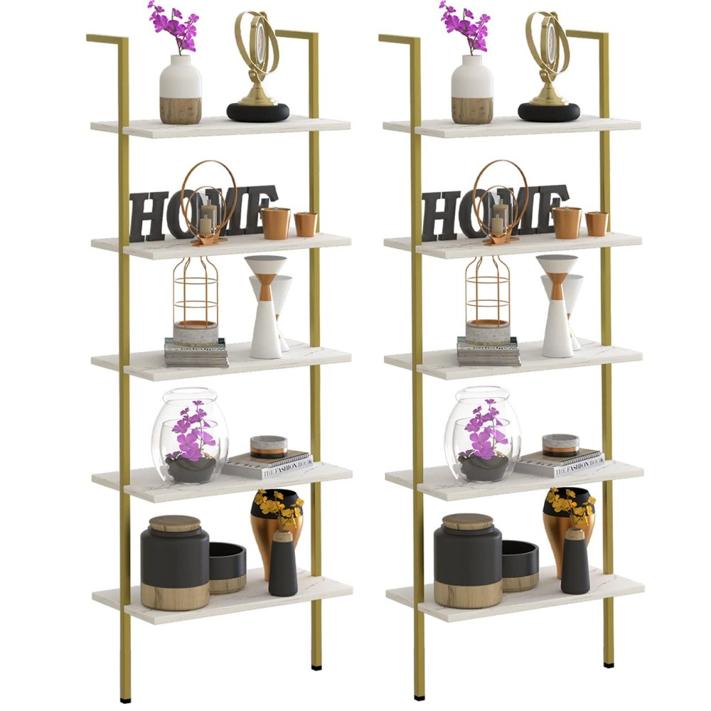 Wolawu 5 Tiers Ladder 2Piece Shelf White Marble Modern Bookshelf Open Tall Wall Mount Bookcase Standing Leaning Wall Shelves In