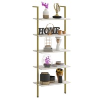 Wolawu 5 Tiers Ladder Shelf White Marble Modern Bookshelf Open Tall Wall Mount Bookcase Standing Leaning Wall Shelves Industrial Decorative