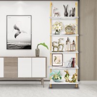 Wolawu 5 Tiers Ladder Shelf White Marble Modern Bookshelf Open Tall Wall Mount Bookcase Standing Leaning Wall Shelves Industrial Decorative