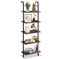 Wolawu 5 Tiers Ladder Shelf Brown Modern Bookshelf Open Tall Wall Mount Bookcase Standing Leaning Wall Shelves Industrial Decora