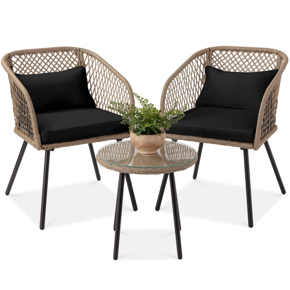 Best Choice Products 3-Piece Outdoor Wicker Bistro Set, Patio Dining Conversation Furniture For Backyard, Balcony, Porch W/Diamond Weave Design, Tempered Glass Side Table, 2 Chairs - Black