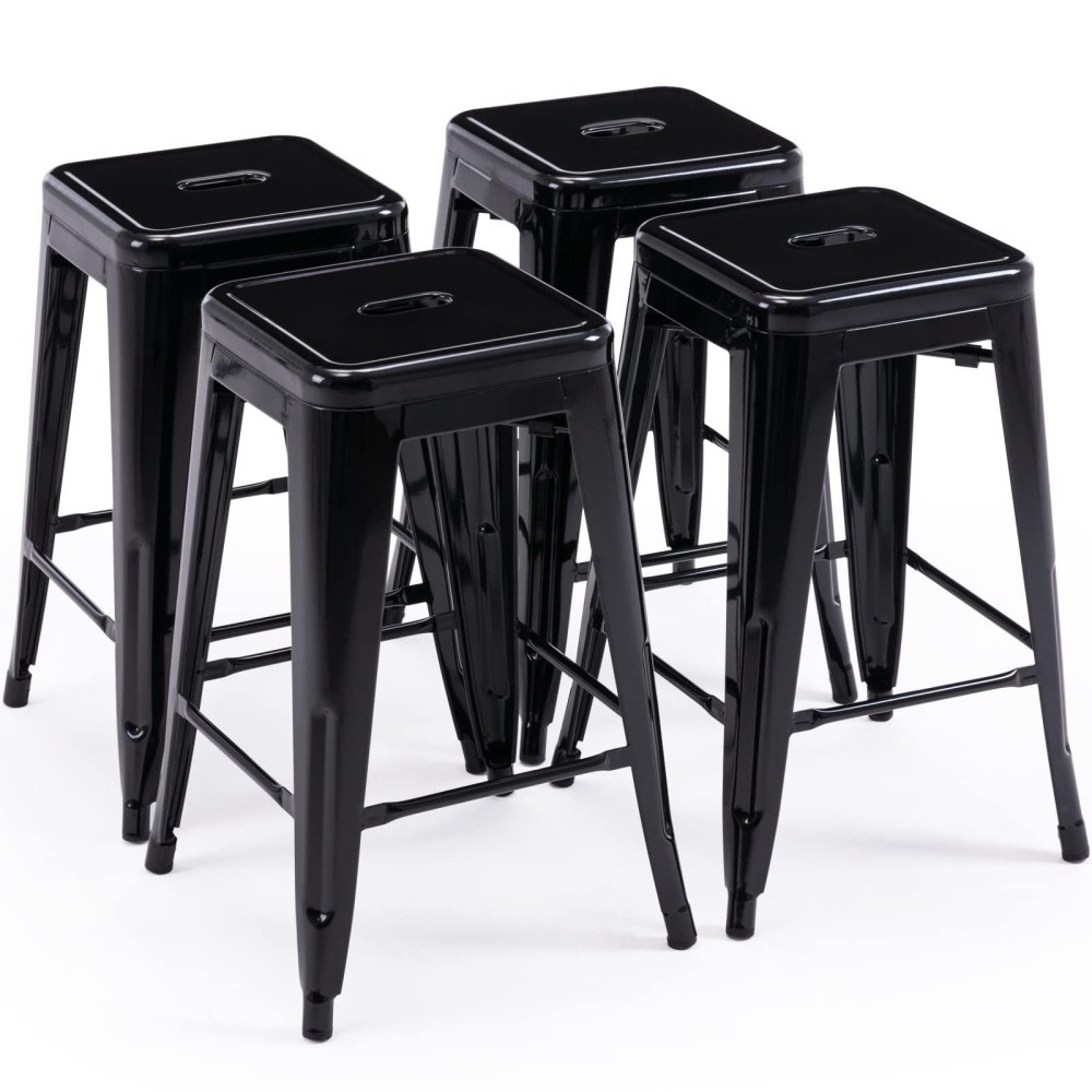 Vogue Furniture Direct 24 Inch Metal Bar Stools, Backless Counter Height Barstools, Indoor Outdoor Stackable Stools With Square Seat, Set Of 4 (Black)