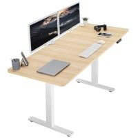 Vivo Electric Height Adjustable 71 X 30 Inch Memory Stand Up Desk, Light Wood Table Top, White Frame, Standing Workstation With Preset Controller, 1B Series, Desk-Kit-1W7C