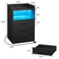 Superjare Nightstand With Charging Station And Led Light Strips, Night Stand With Drawers, End Table With Usb Ports And Outlets, Bedside Table For Bedroom, Black