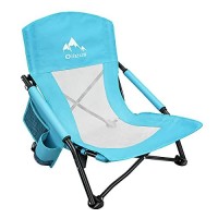 Oileus Low Beach Chair For Beach Tent & Shelter & Camping Outdoor Ultralight Backpacking Folding Recliner Chairs With Cup Holder And Storage Bag, Carry Bag, Breeze Mesh Back, Compact Duty Blue 1 Pcs