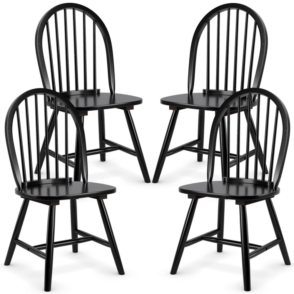 Kotek Wood Dining Chairs Set Of 4, Windsor Chairs With Spindle Back, Solid Wood Legs, Wide Seat, Farmhouse Armless Side Chairs For Living Room, Dining Room, Kitchen (Black)