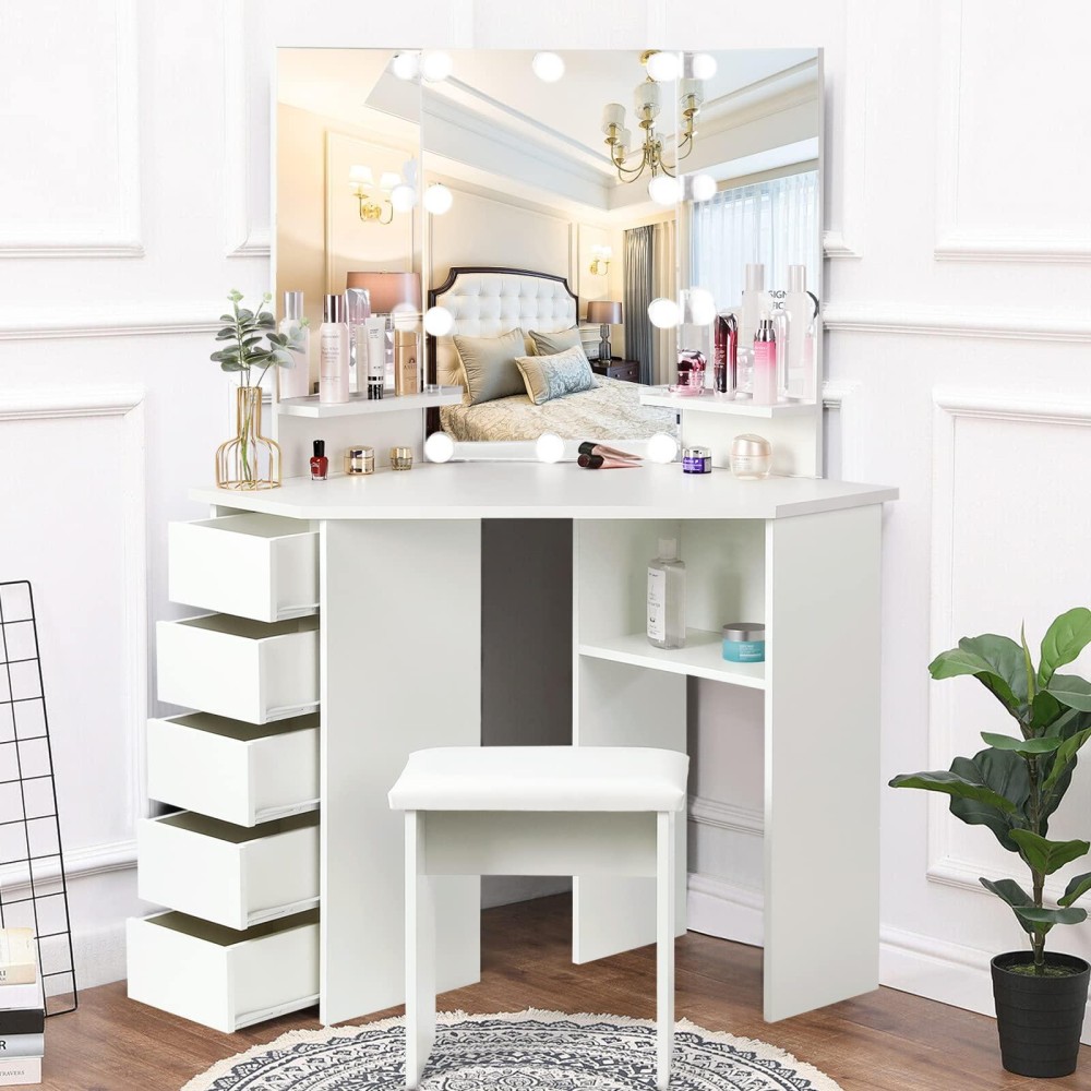 Vowner Vanity Desk With Mirror And Lights - Vanity With 3 Lighting Options, Adjustable Brightness, Vanity Set With 5 Sliding Drawers, Shelves And Vanity Stool, Corner Vanity For Women Girls, White 43?