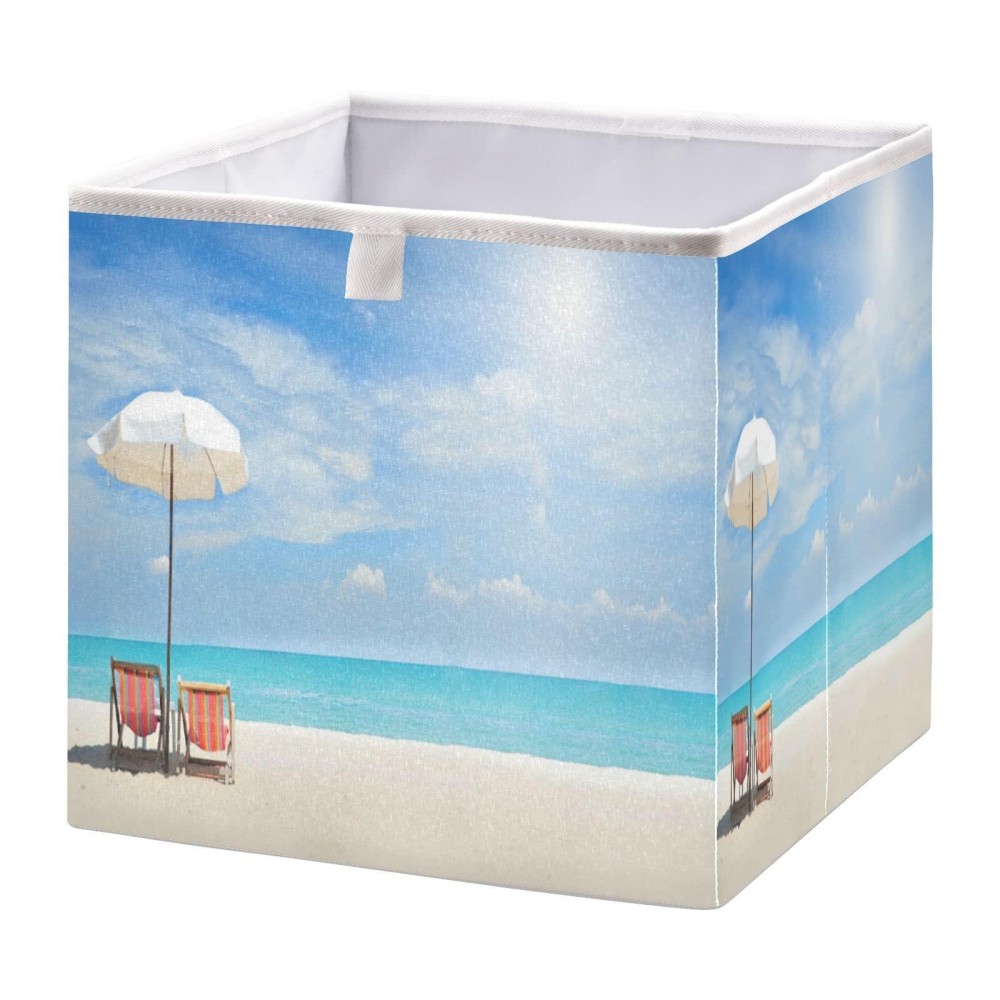 Kigai Summer Beach Theme Storage Bins Cube Foldable Storage Baskets Bin Waterproof Home Organizer With Handles Basket For Toy Nursery Blanket Clothes, 11X11X11 Inch