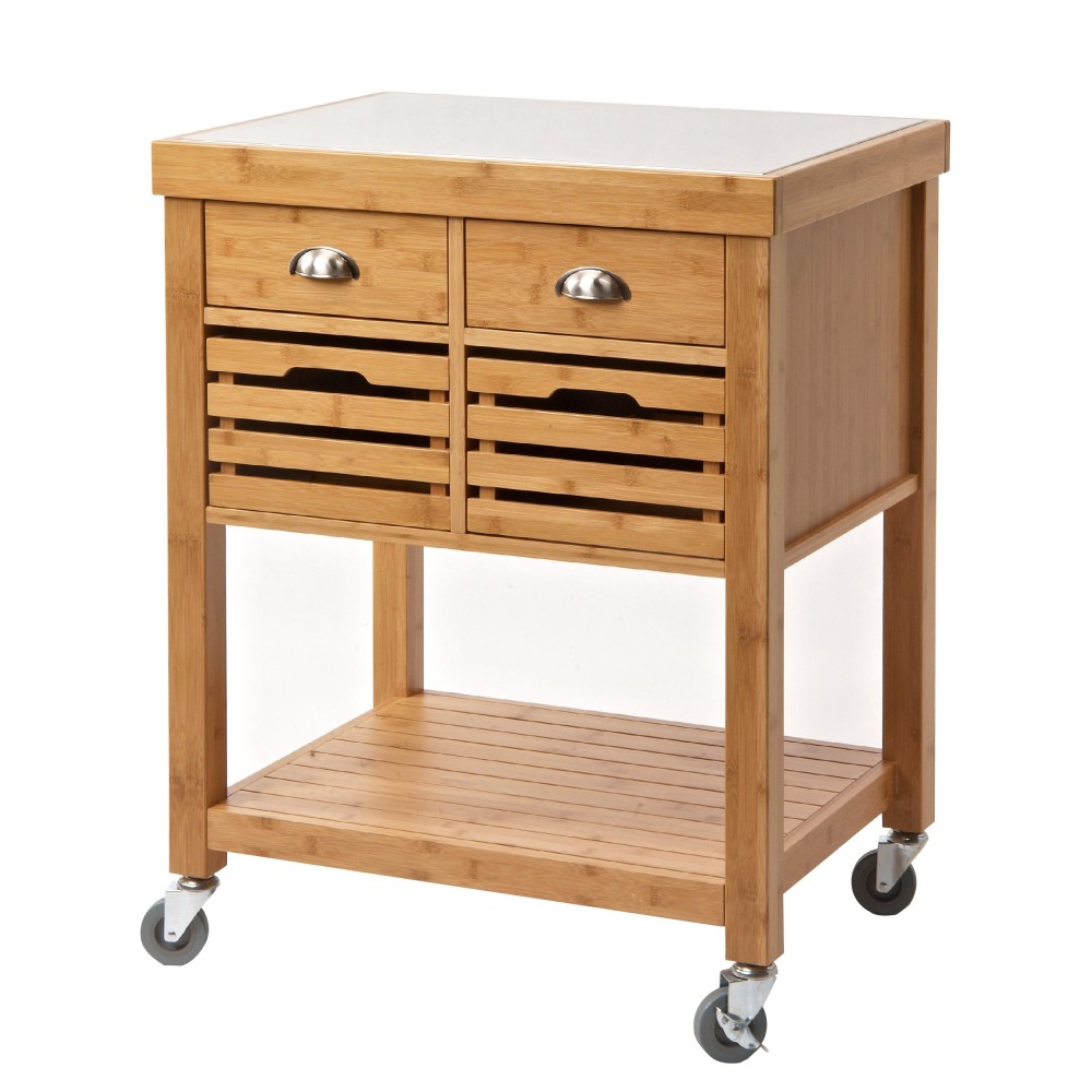 36 Inch Bamboo Kitchen Cart Island, 2 Drawers, Stainless Steel Top, Brown