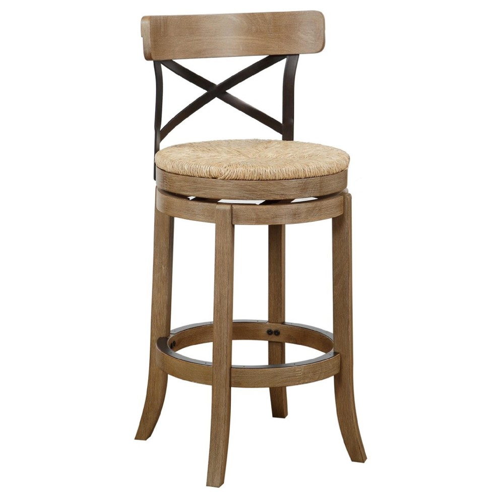 Mia 29 Inch Swivel Barstool, Crossed Metal Back, Sedge Seat, Natural Brown