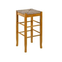 Chris 29 Inch Barstool with Wood Frame, Handwoven Rush Seat, Oak Brown