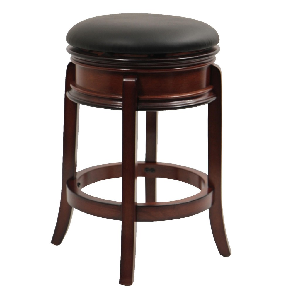 Sabi 24 inch Swivel Counter Stool, Solid Wood, Faux Leather, Brown, Black