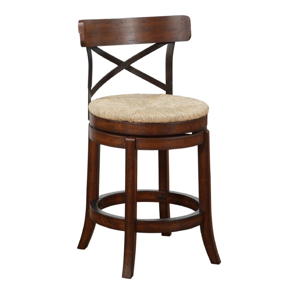 Mia 24 Inch Swivel Counter Stool, Crossed Metal Back, Sedge Seat, Brown