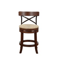 Mia 24 Inch Swivel Counter Stool, Crossed Metal Back, Sedge Seat, Brown