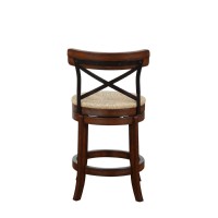 Mia 24 Inch Swivel Counter Stool, Crossed Metal Back, Sedge Seat, Brown