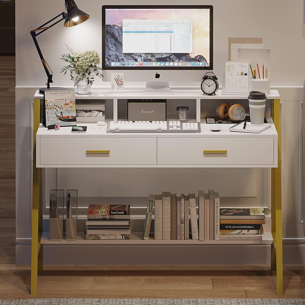 Tiptiper Modern Computer Desk With Drawers, Home Office Desk With Monitor Stand And Built-In Hutch, Writing Desk Workstation Table With Bookshelf, For Work & Study, White And Gold