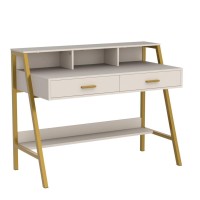 Tiptiper Modern Computer Desk With Drawers, Home Office Desk With Monitor Stand And Built-In Hutch, Writing Desk Workstation Table With Bookshelf, For Work & Study, White And Gold