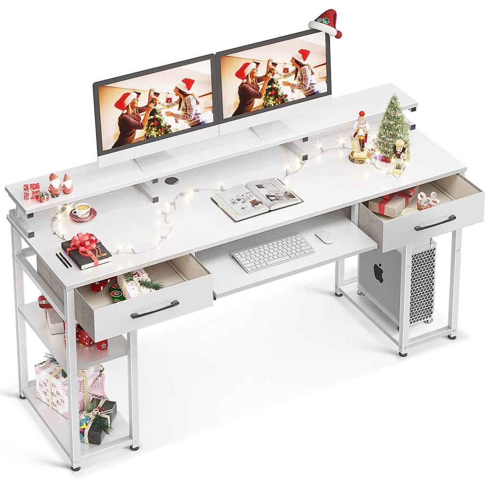 Odk Computer Desk, 63'' Office Desk With Keyboard Tray, Writting Desk With Drawers And Monitor Stand, Study Table With Cpu Stand And Removable Shelf For Storage, White