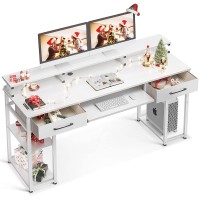Odk Computer Desk, 63'' Office Desk With Keyboard Tray, Writting Desk With Drawers And Monitor Stand, Study Table With Cpu Stand And Removable Shelf For Storage, White