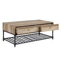 Ley 47 Inch Coffee Table, 2 Drawers, Industrial Design, Slatted Shelf, Oak