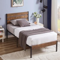 Vecelo Platform Twin Bed Frame With Rustic Vintage Wood Headboard And Footboard, Mattress Foundation, Strong Metal Slats Support, No Box Spring Needed