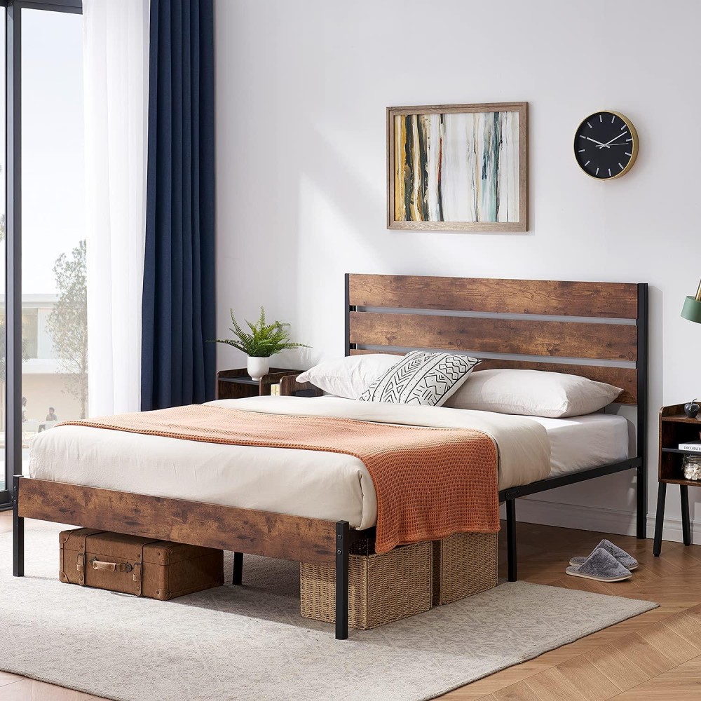 Vecelo Platform Queen Bed Frame With Rustic Vintage Wood Headboard And Footboard, Mattress Foundation, Strong Metal Slats Support, No Box Spring Needed