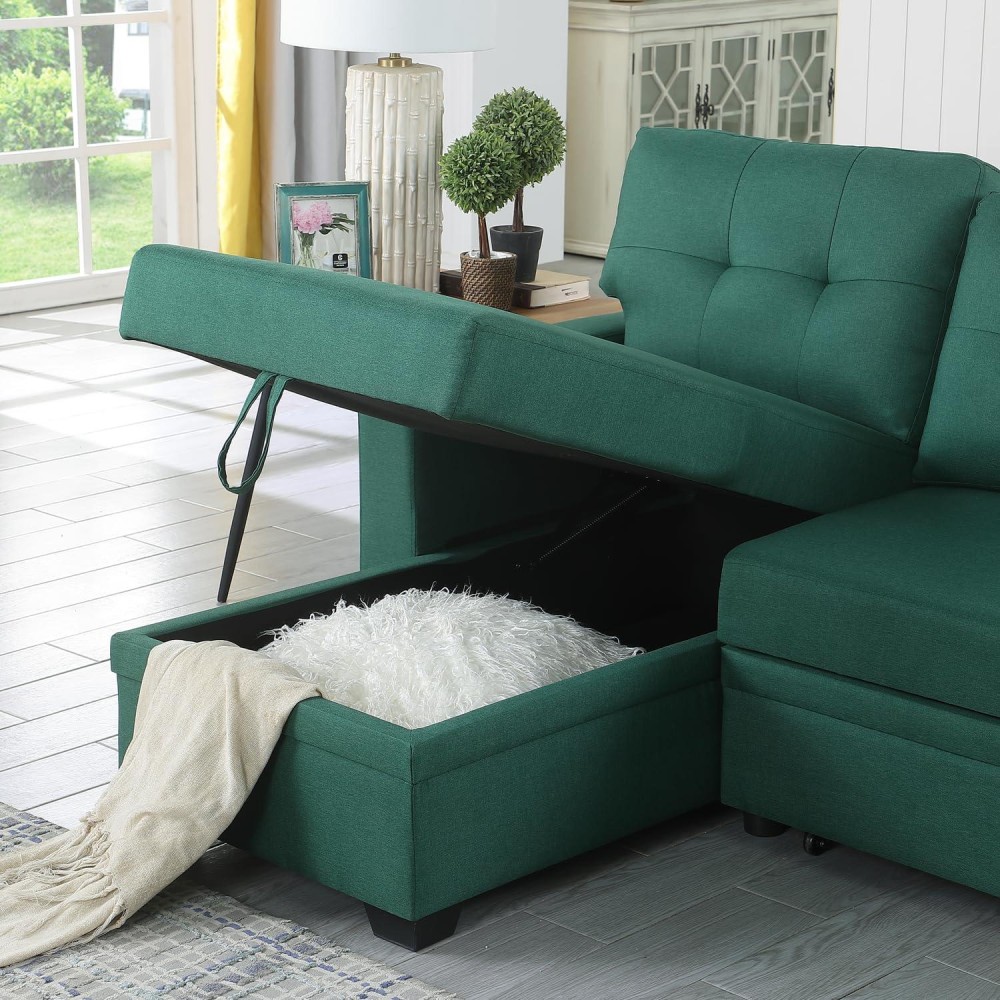 Devion Furniture Contemporary Reversible Sectional Sleeper Sectional Sofa With Storage Chaise In Green Fabric