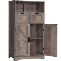 Weenfon Floor Storage Cabinet With 2 Adjustable Drawers & 2 Barn Doors, Standing Cupboard With 2 Shelf, For Living Room, Home Office, Kitchen,Rustic Oak