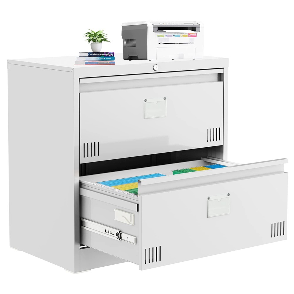 Lateral File Cabinet With Lock, 2 Drawer Metal File Cabinets For Home Office Hanging Letter/Legal/F4/A4, Metal Horizontal File Cabinet With Card Slot For Easy Organization(White)