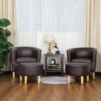 Dazone Accent Chair Set Of 2 Mid Century Modern Barrel Faux Leather With Ottoman Comfy Armchair And Footstool Upholstered Club Tub Round Arms For Living Room Bedroom Reading Brown (D79382)
