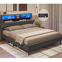 Adorneve Queen Led Bed Frame With Outlet And Usb Ports, Queen Bed Frame With Storage Headboard, Modern Platform Bed With Storage & Led Lights, No Box Spring Needed, Easy Assembly, Dark Grey