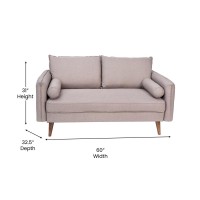 Evie MidCentury Modern Loveseat Sofa with Faux Linen Fabric Upholstery Solid Wood Legs in Taupe