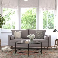 Hudson MidCentury Modern Sofa with Tufted Faux Linen Upholstery Solid Wood Legs in Slate Gray