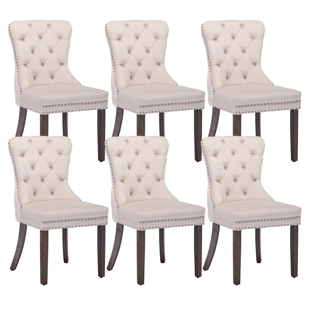 Kcc Velvet Dining Chairs Set Of 6, Upholstered High-End Tufted Dining Room Chair With Nailhead Back Ring Pull Trim Solid Wood Legs, Nikki Collection Modern Style For Kitchen, Beige