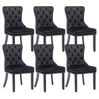 Kcc Velvet Dining Chairs Set Of 6, Upholstered High-End Tufted Dining Room Chair With Nailhead Back Ring Pull Trim Solid Wood Legs, Nikki Collection Modern Style For Kitchen, Black
