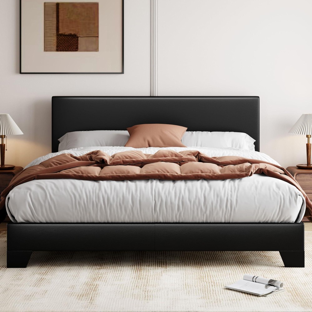 Allewie King Size Bed Frame With Adjustable Headboard, Faux Leather Platform Bed With Wood Slats, Heavy Duty Mattress Foundation, No Box Spring Needed, Noise-Free, Easy Assembly, Black